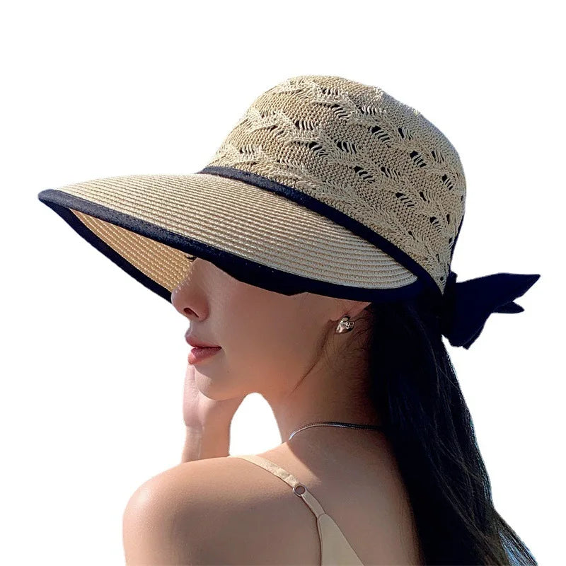 Women Sun Hat Ponytail Straw Wide Brim Visor Summer Cap Adjustable Sun Beach Foldable Hats