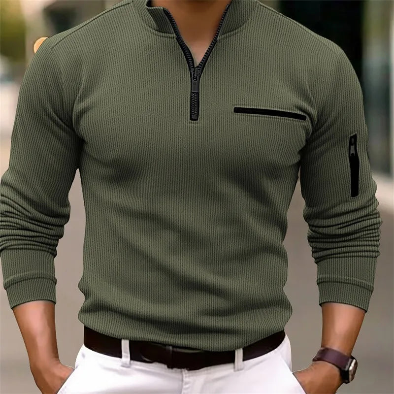 Long sleeve polo shirt with zipper details