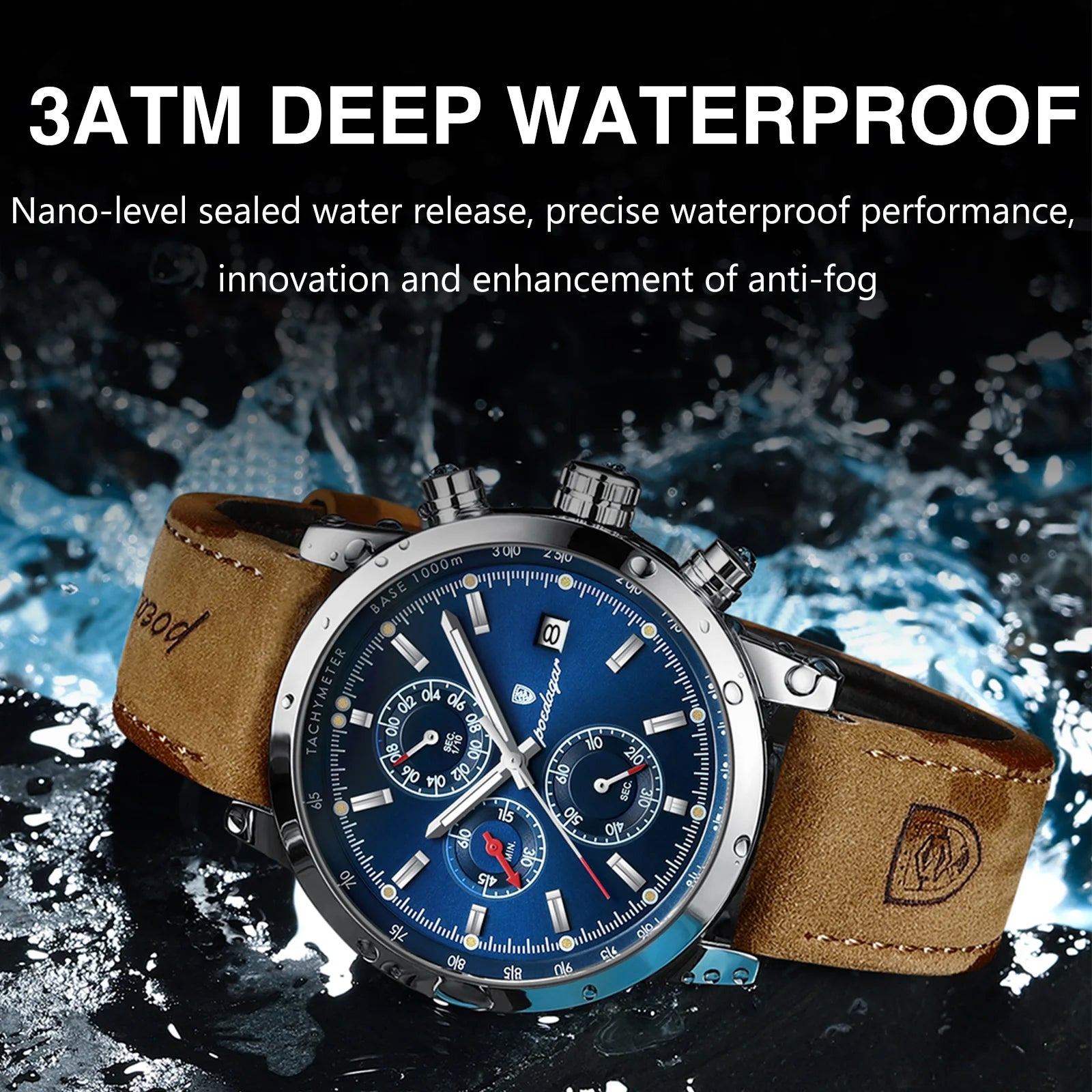 Poedagar luxury waterproof wristwatch with leather strap, luminous, chronograph and date