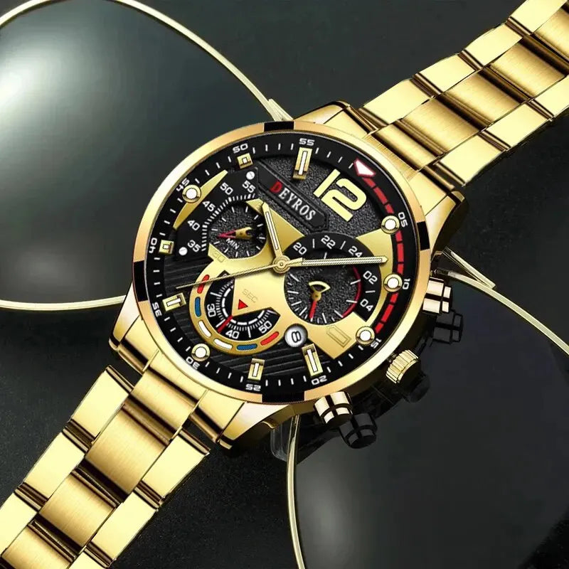 Kit 3 pcs luxury business men's quartz watch, 18k gold necklace and bracelet.