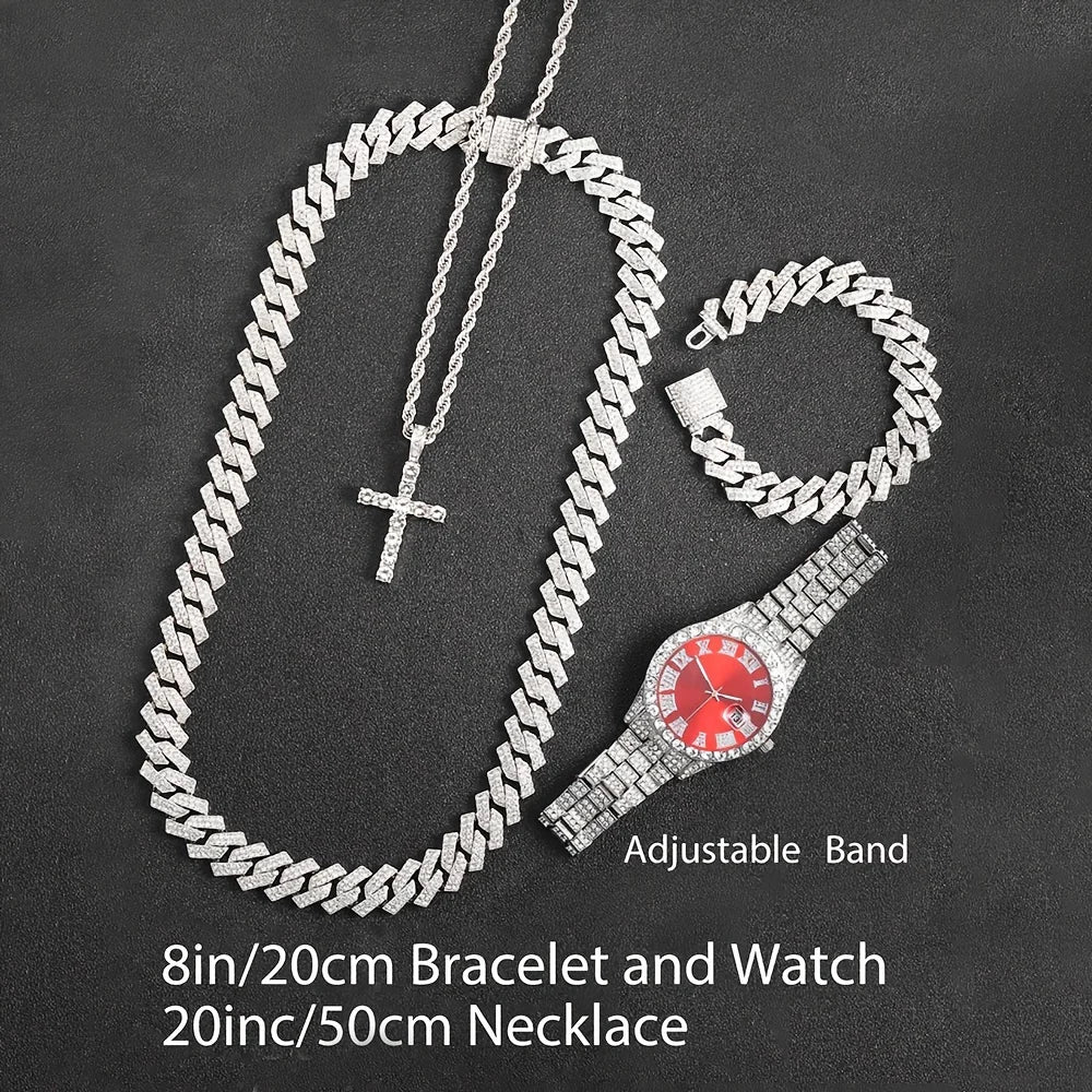 4pcs/set luxury hip hop set with watch, bracelet and two chains