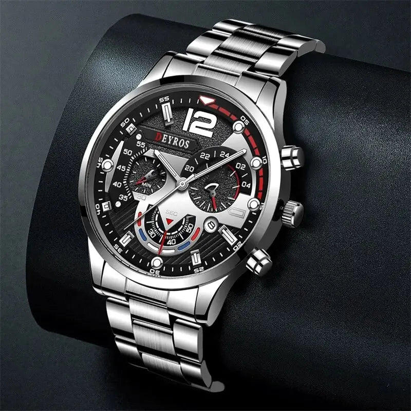 2Pcs Luxury Men's Silver Quartz Watch with Stainless Steel Bracelet