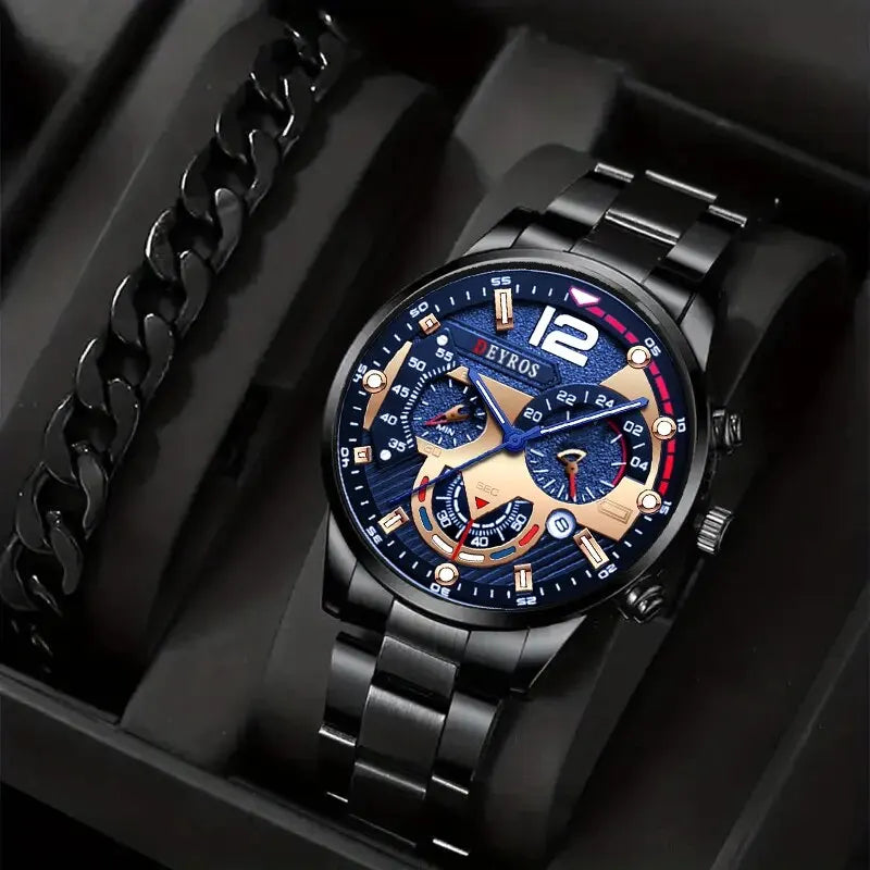 2Pcs Luxury Men's Silver Quartz Watch with Stainless Steel Bracelet