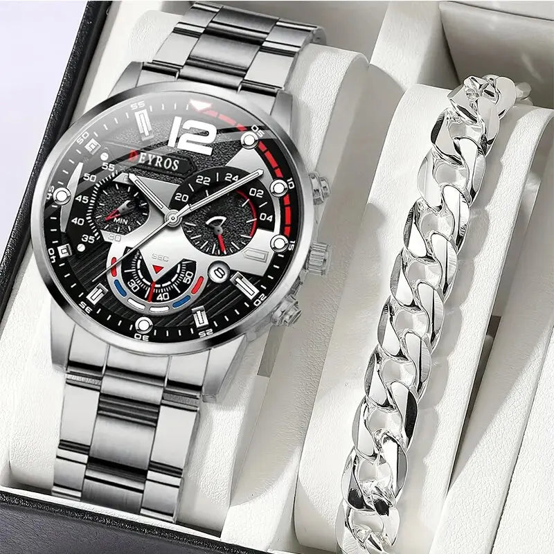 2Pcs Luxury Men's Silver Quartz Watch with Stainless Steel Bracelet