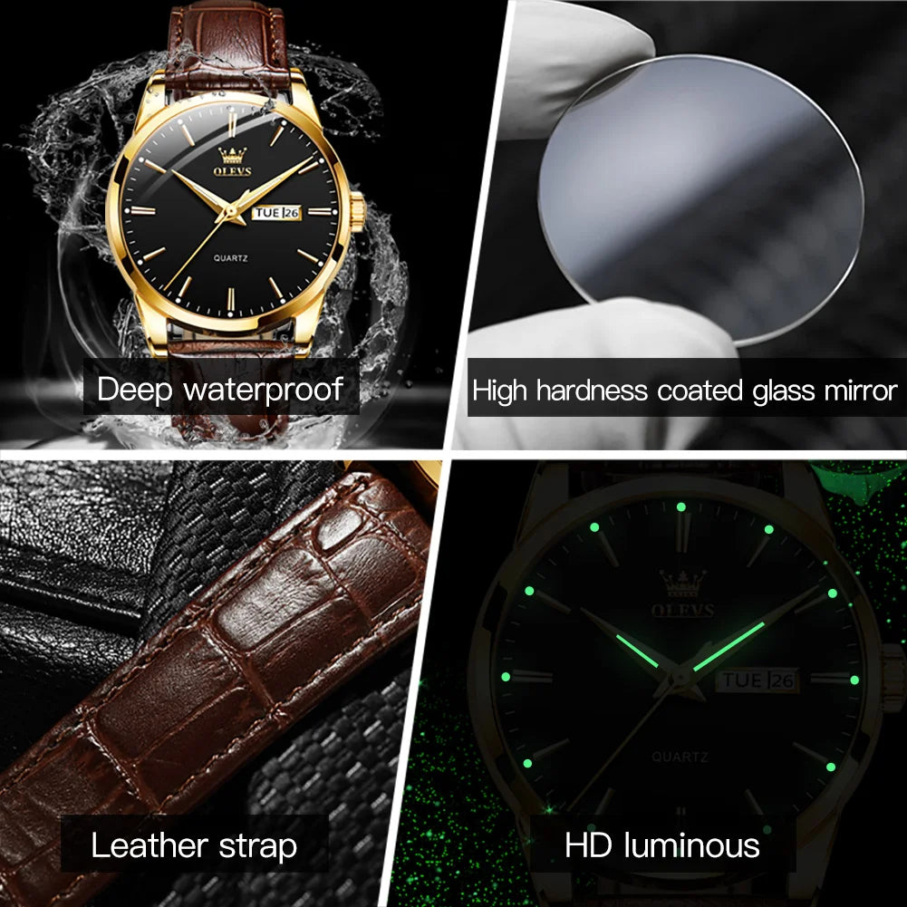 Classic Quartz Watch for Men Waterproof Leather Strap Calendar Sports Business Quartz Wristwatch