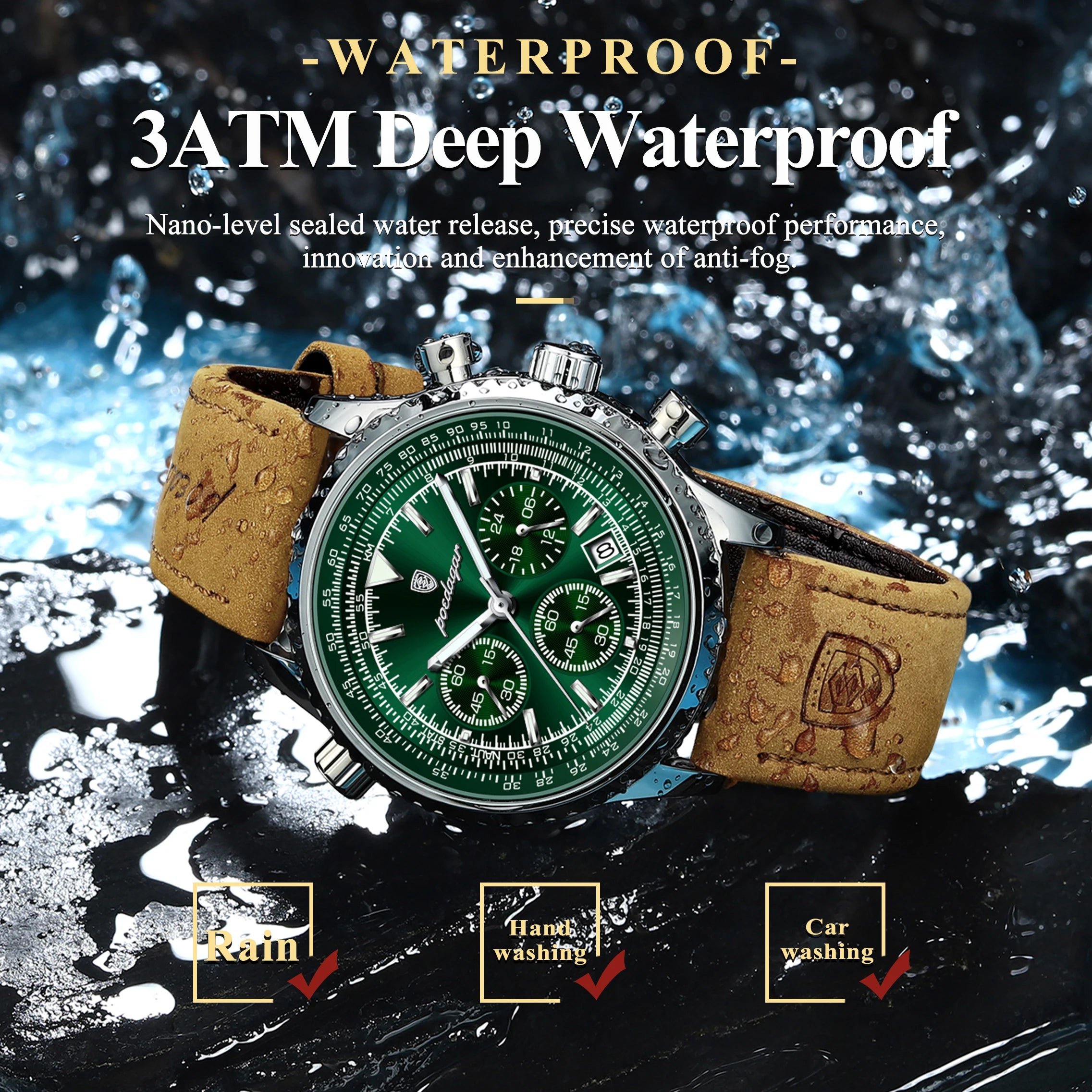 Luxury watch with leather strap and waterproof.