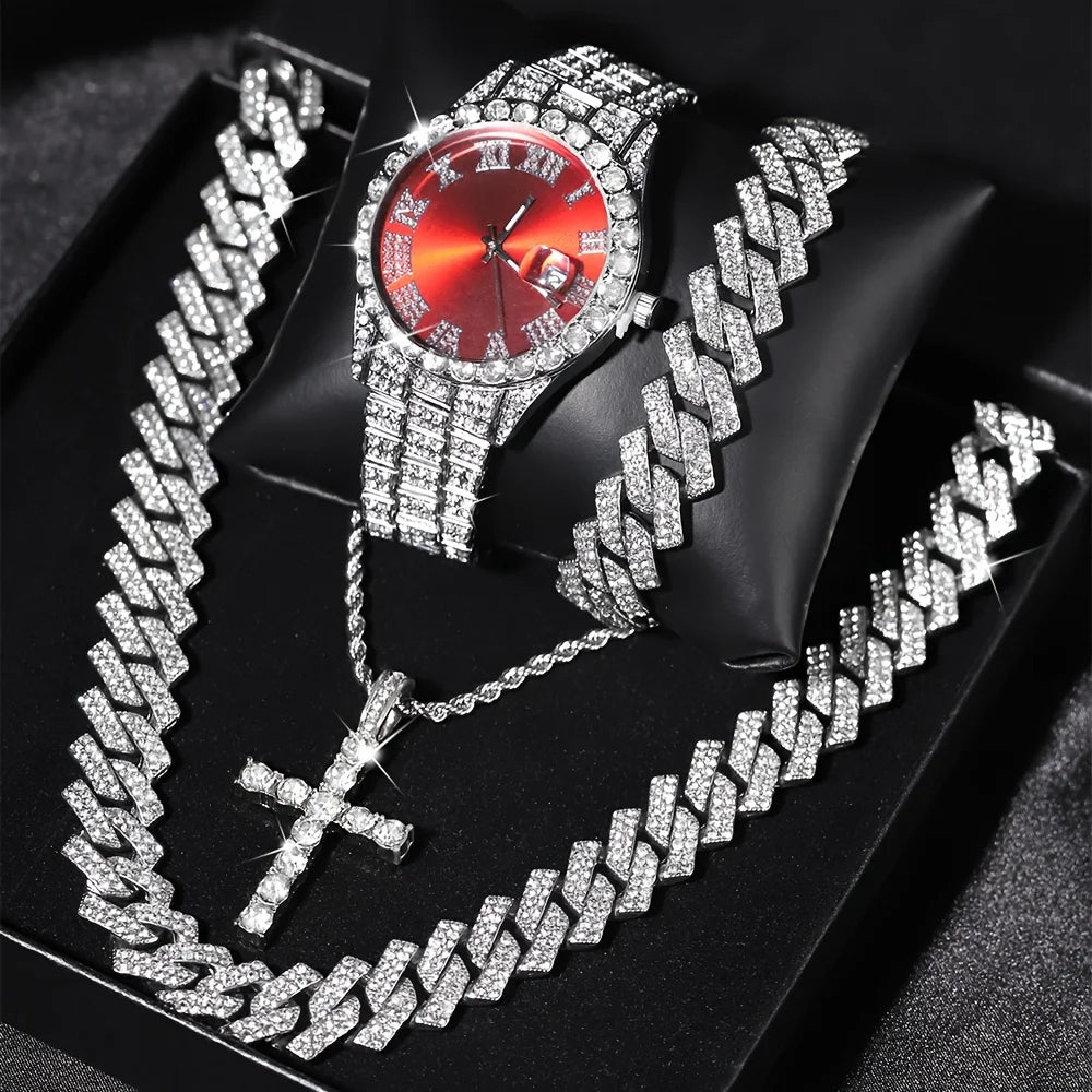 4pcs/set luxury hip hop set with watch, bracelet and two chains