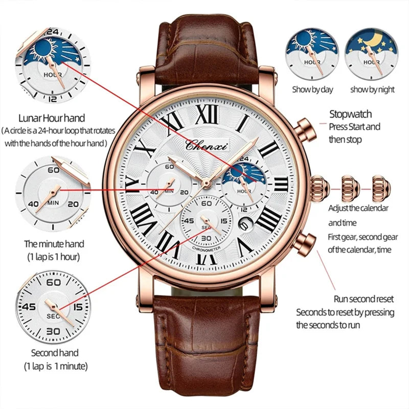 Men's Wrist Watch Leather strap, elegant Quartz machine