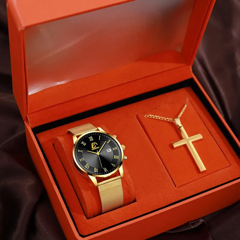 2 pcs kit with luxury watch with 18k gold plated chain