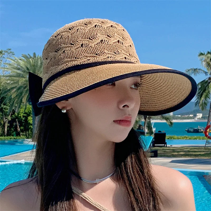 Women Sun Hat Ponytail Straw Wide Brim Visor Summer Cap Adjustable Sun Beach Foldable Hats