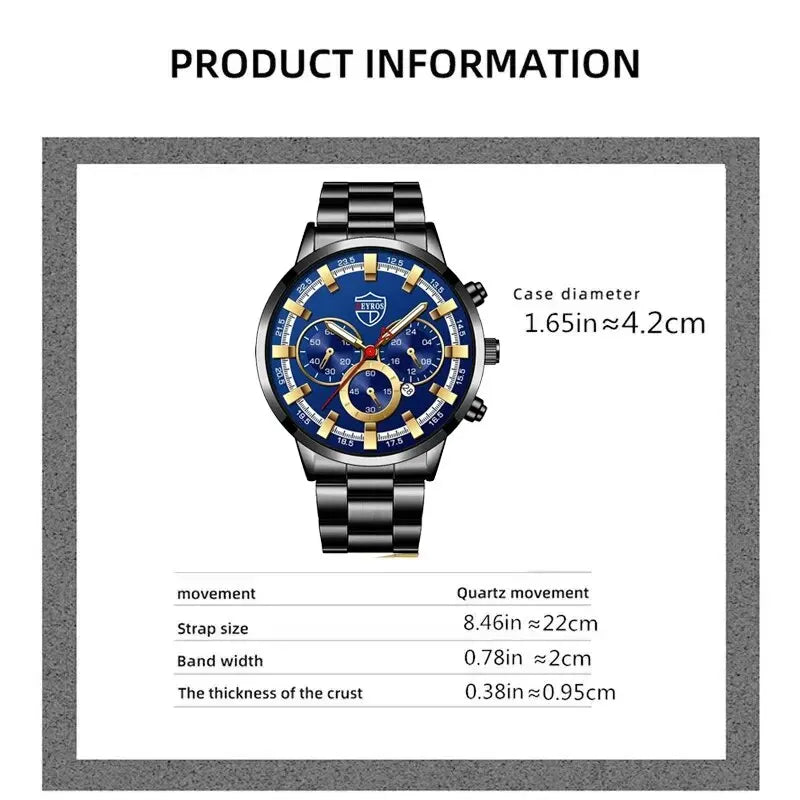 2pcs Luxury Black Quartz Watch With Stainless Steel Bracelet For Men Business Fashion Round Calendar Watch Set