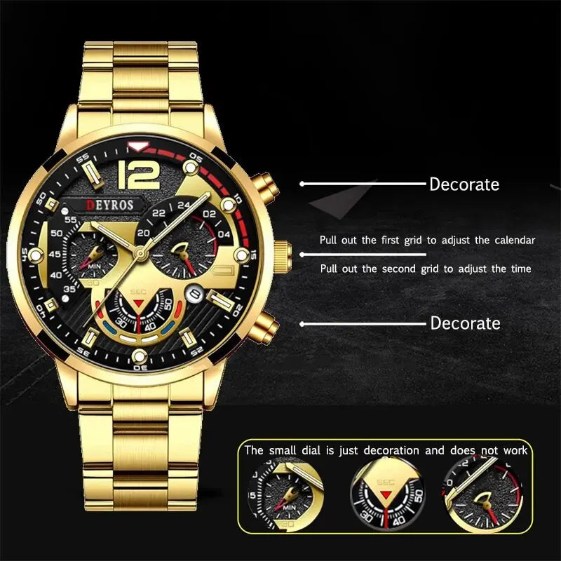 Kit 3 pcs luxury business men's quartz watch, 18k gold necklace and bracelet.