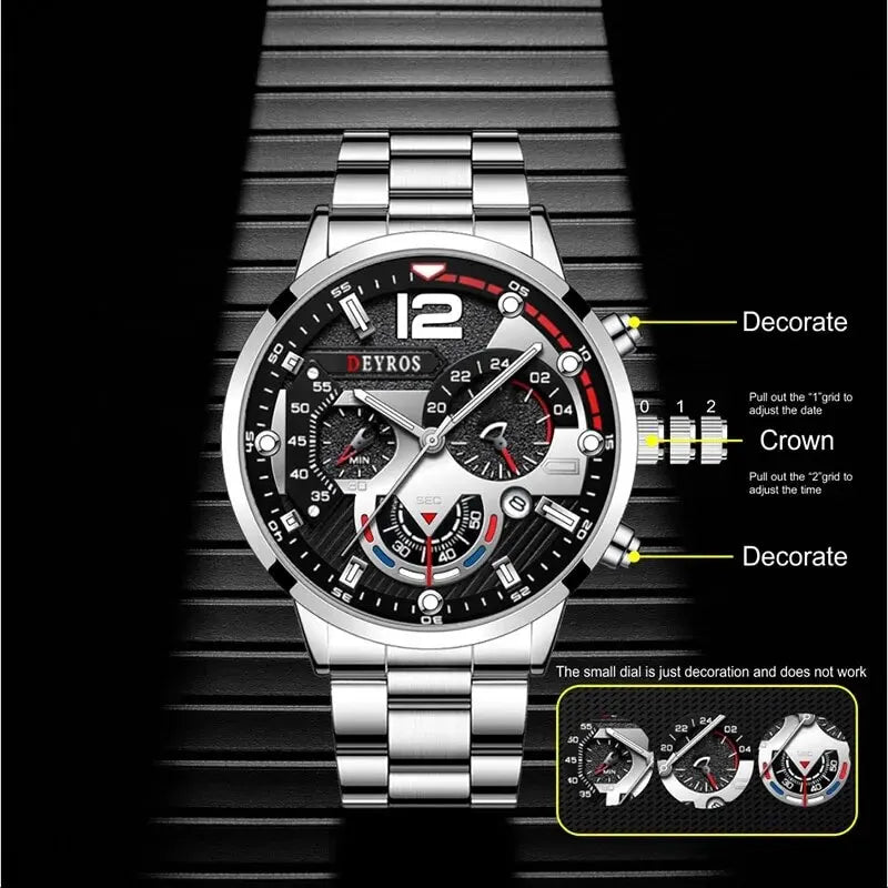 2Pcs Luxury Men's Silver Quartz Watch with Stainless Steel Bracelet