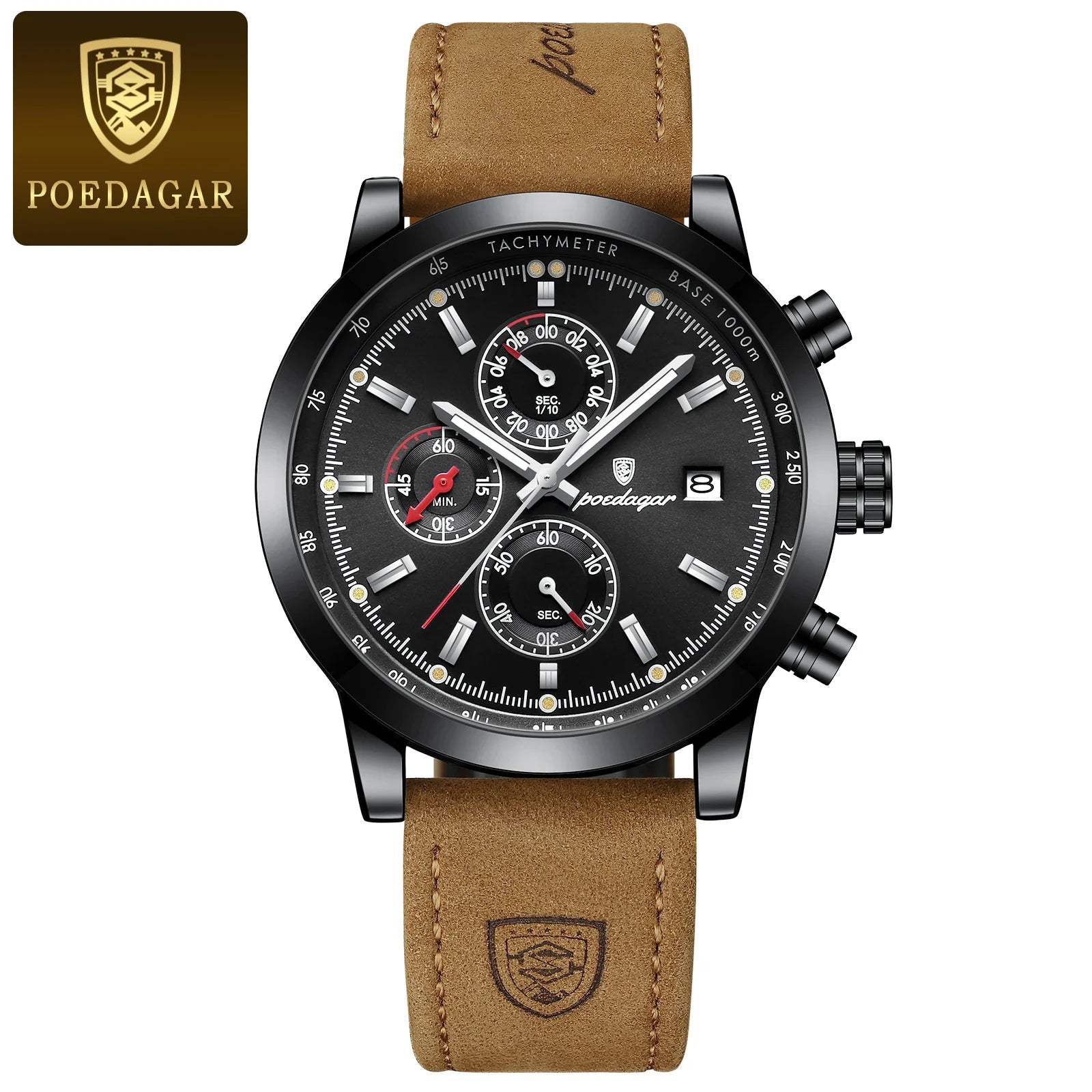 Poedagar luxury waterproof wristwatch with leather strap, luminous, chronograph and date