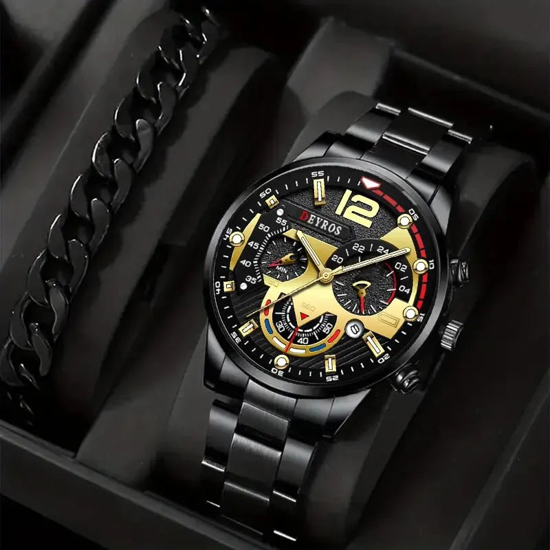 2Pcs Luxury Men's Silver Quartz Watch with Stainless Steel Bracelet