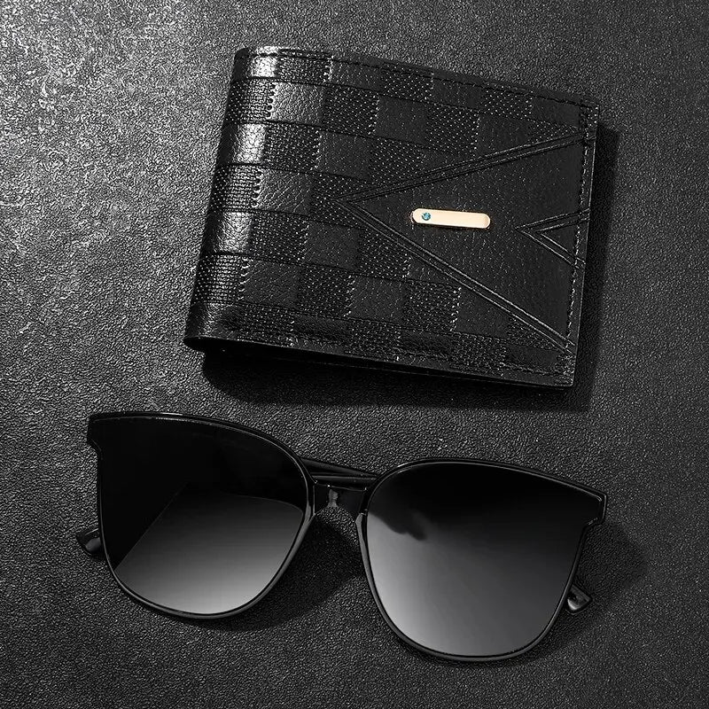 Luxury men's accessory set, with quartz watch, wallet and sunglasses.