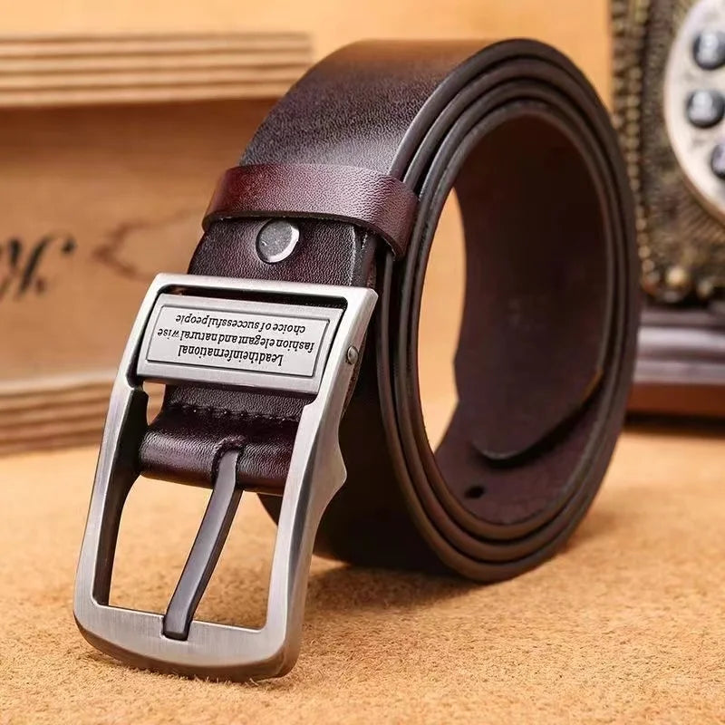 New men's leather belt with metal buckle