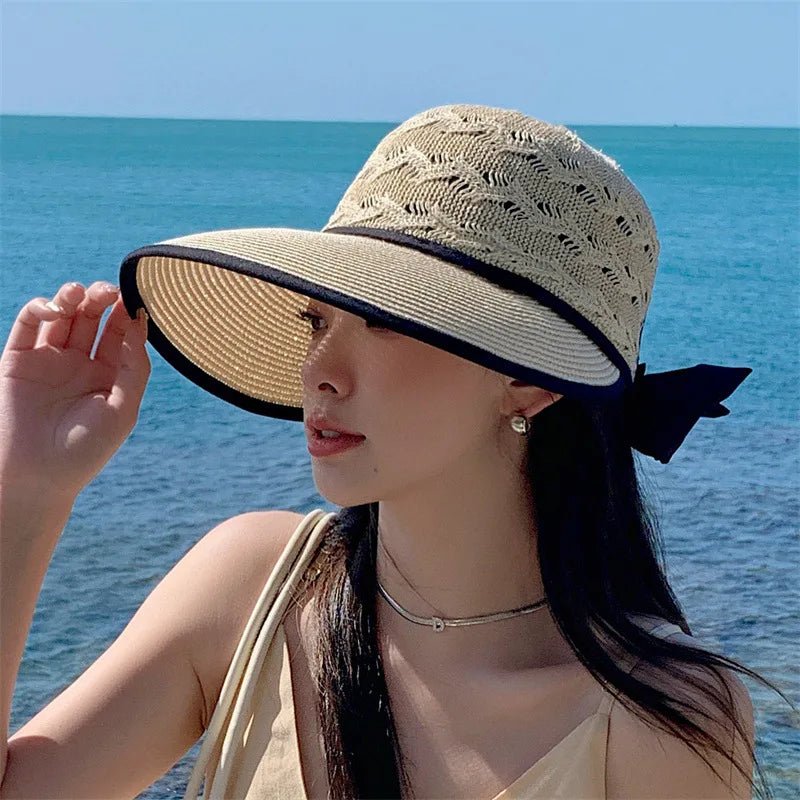 Women Sun Hat Ponytail Straw Wide Brim Visor Summer Cap Adjustable Sun Beach Foldable Hats