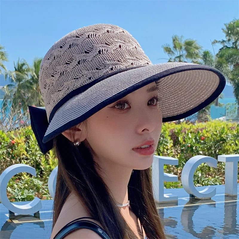 Women Sun Hat Ponytail Straw Wide Brim Visor Summer Cap Adjustable Sun Beach Foldable Hats