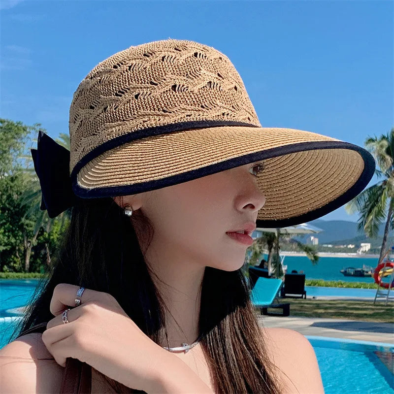 Women Sun Hat Ponytail Straw Wide Brim Visor Summer Cap Adjustable Sun Beach Foldable Hats