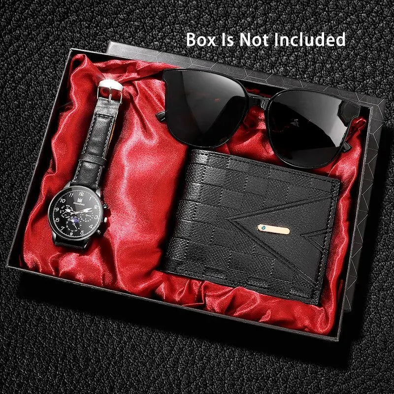 Luxury men's accessory set, with quartz watch, wallet and sunglasses.