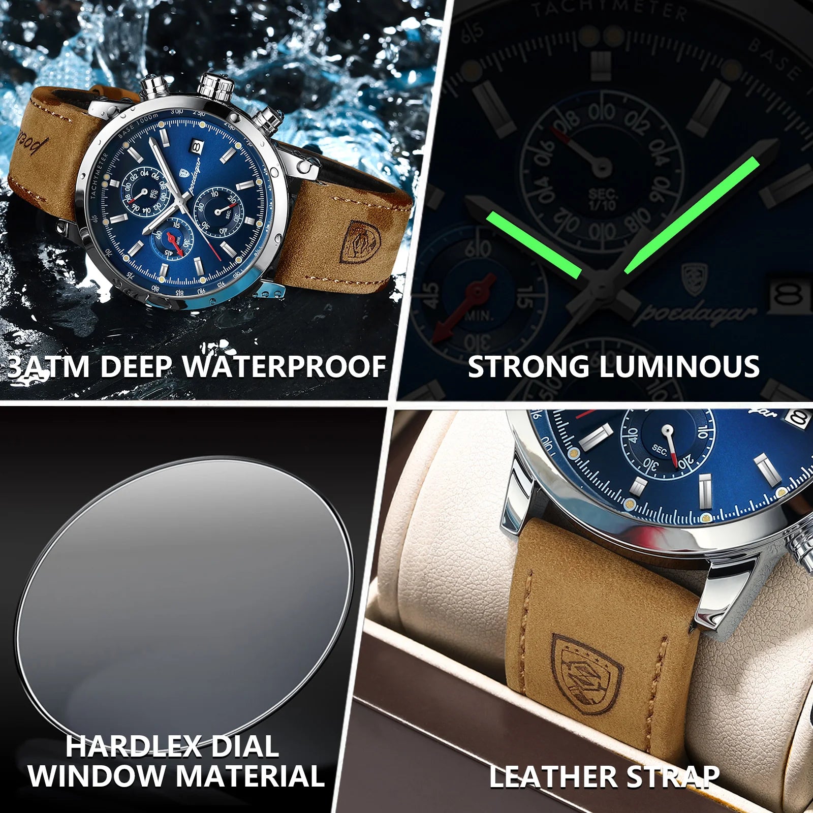 Poedagar luxury waterproof wristwatch with leather strap, luminous, chronograph and date