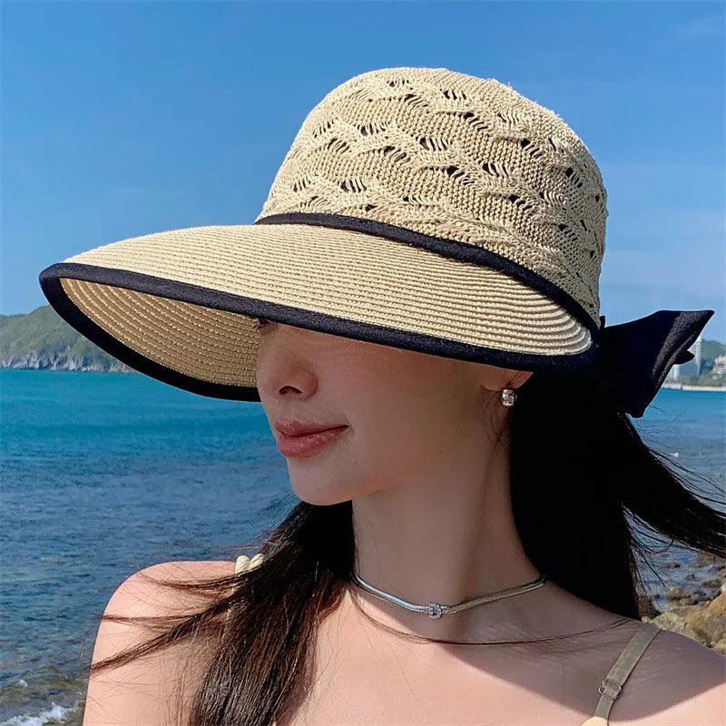 Women Sun Hat Ponytail Straw Wide Brim Visor Summer Cap Adjustable Sun Beach Foldable Hats