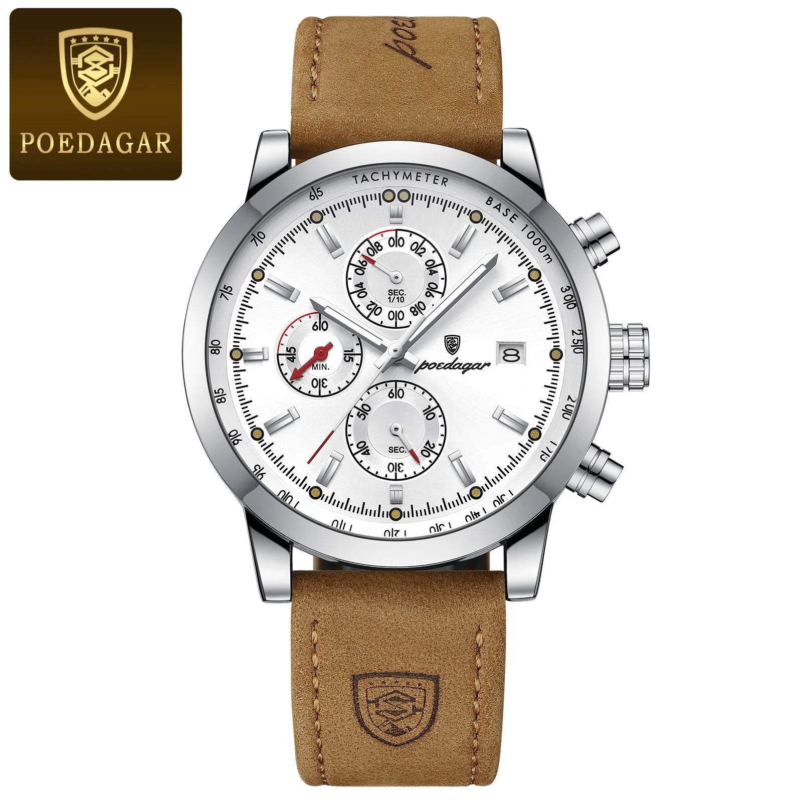 Poedagar luxury waterproof wristwatch with leather strap, luminous, chronograph and date