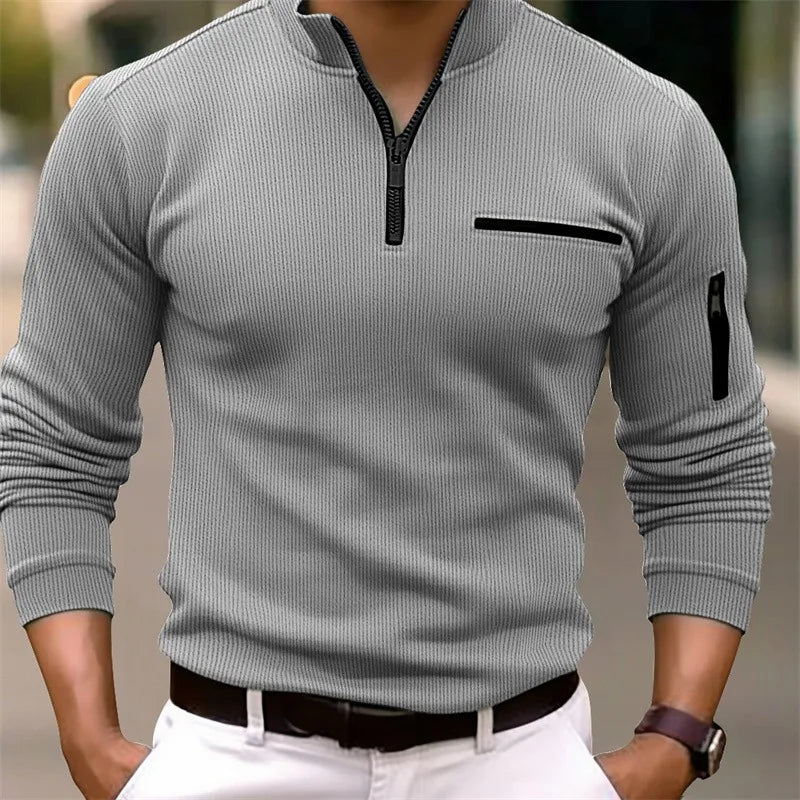 Long sleeve polo shirt with zipper details