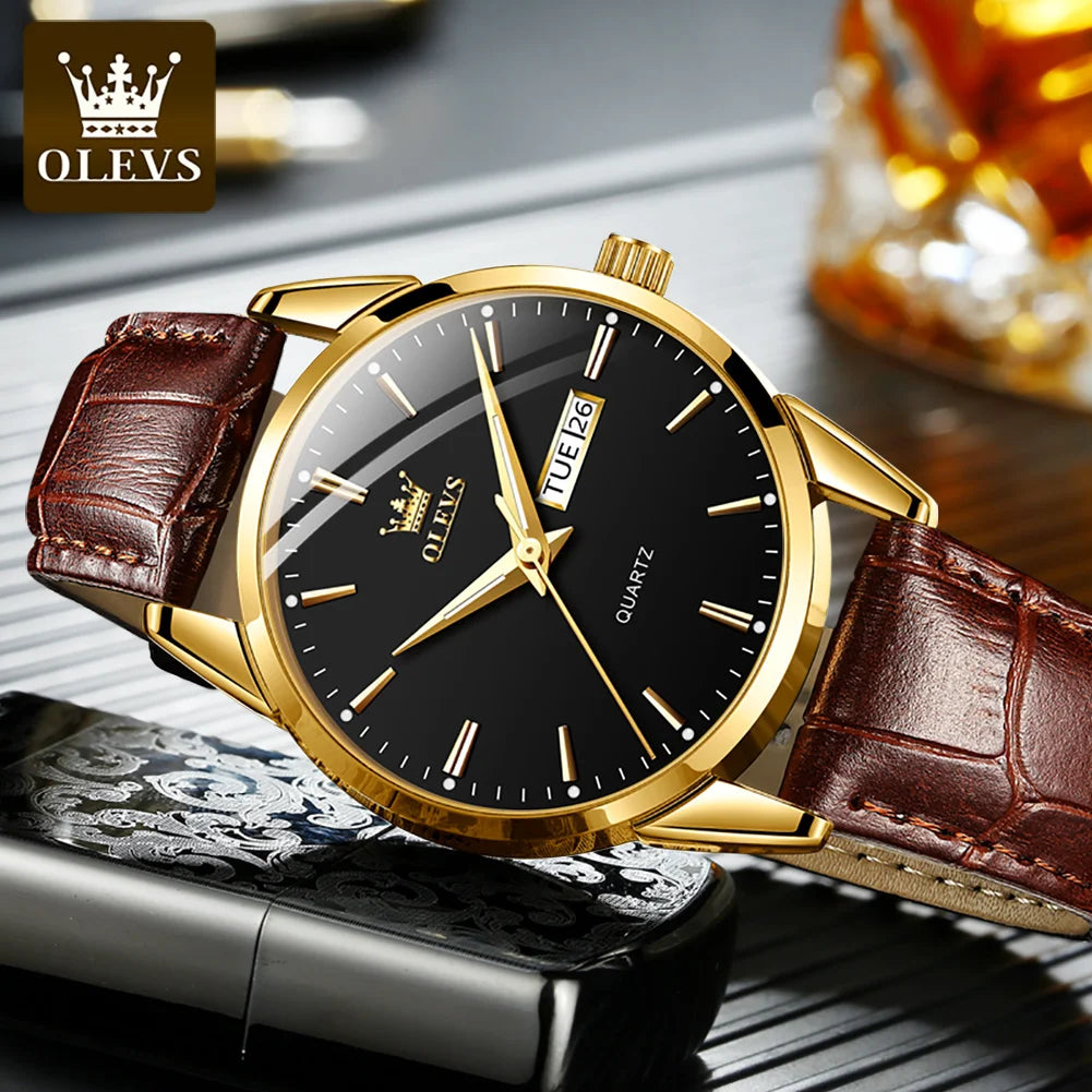 Classic Quartz Watch for Men Waterproof Leather Strap Calendar Sports Business Quartz Wristwatch