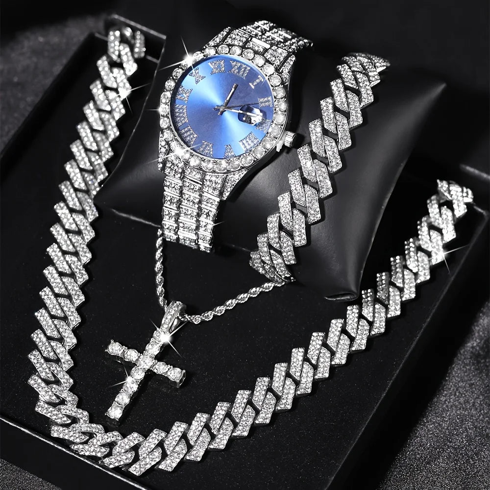 4pcs/set luxury hip hop set with watch, bracelet and two chains