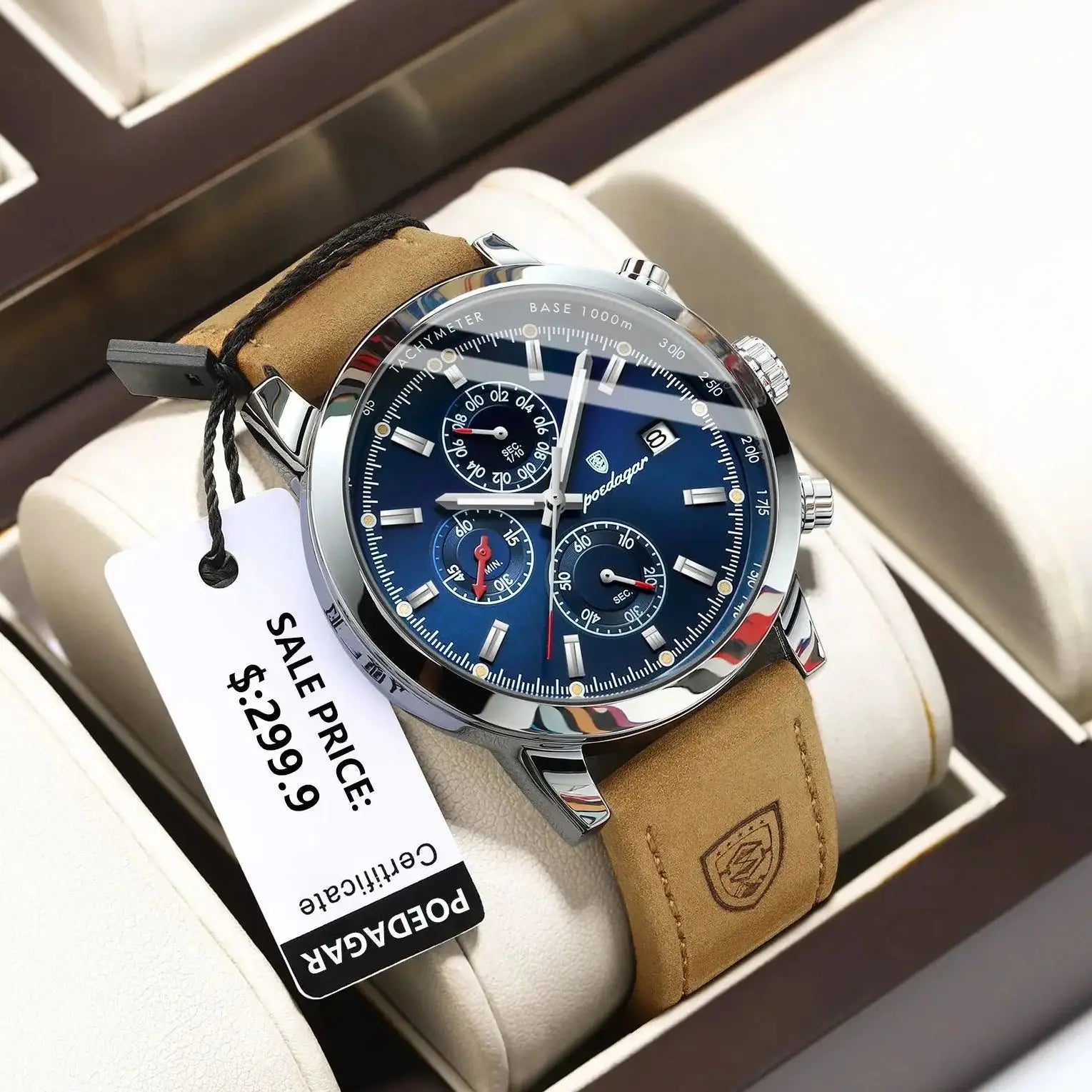 Poedagar luxury waterproof wristwatch with leather strap, luminous, chronograph and date