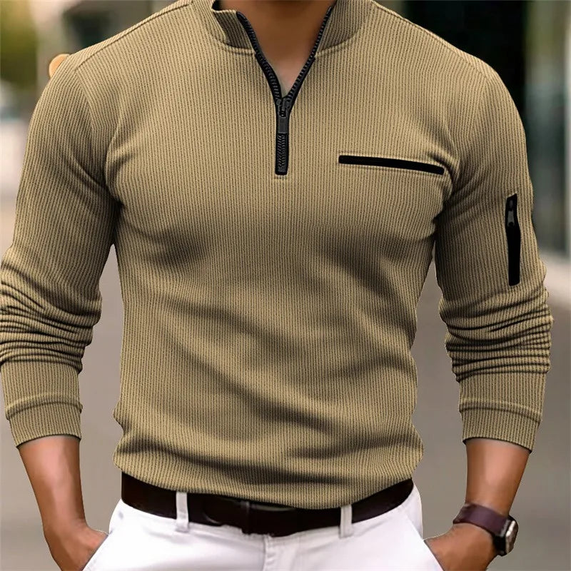 Long sleeve polo shirt with zipper details