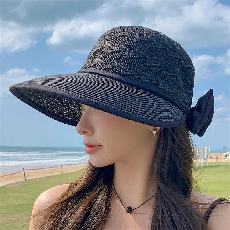 Women Sun Hat Ponytail Straw Wide Brim Visor Summer Cap Adjustable Sun Beach Foldable Hats