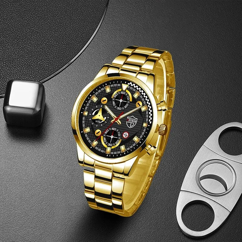 3 Pieces Set Men's Watches Luxury Stainless Steel Casual Sport Quartz Wristwatch with Bracelet Necklace