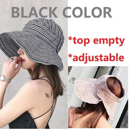 Women Sun Hat Ponytail Straw Wide Brim Visor Summer Cap Adjustable Sun Beach Foldable Hats