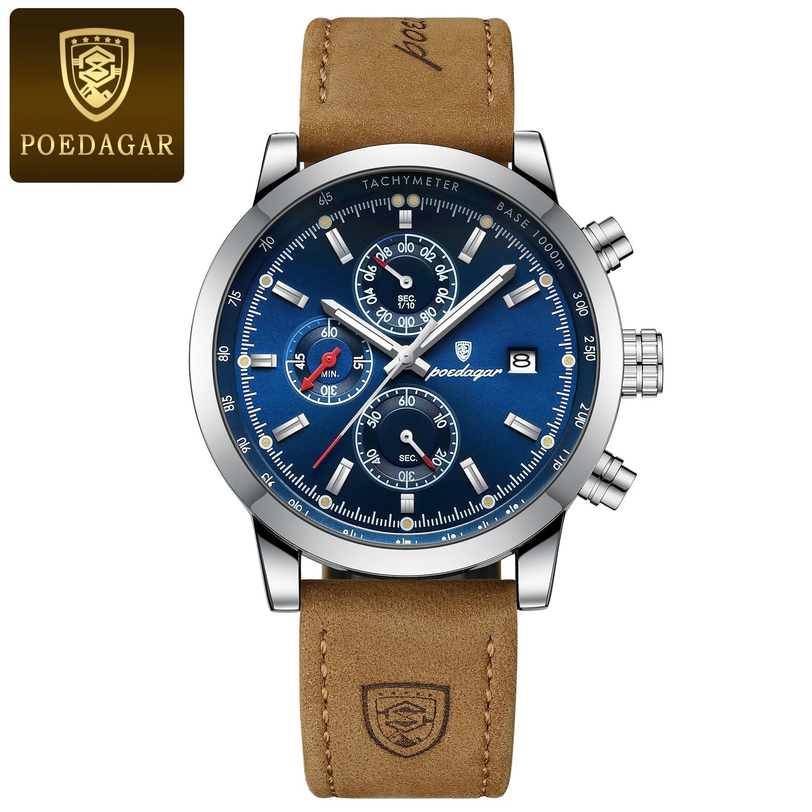 Poedagar luxury waterproof wristwatch with leather strap, luminous, chronograph and date