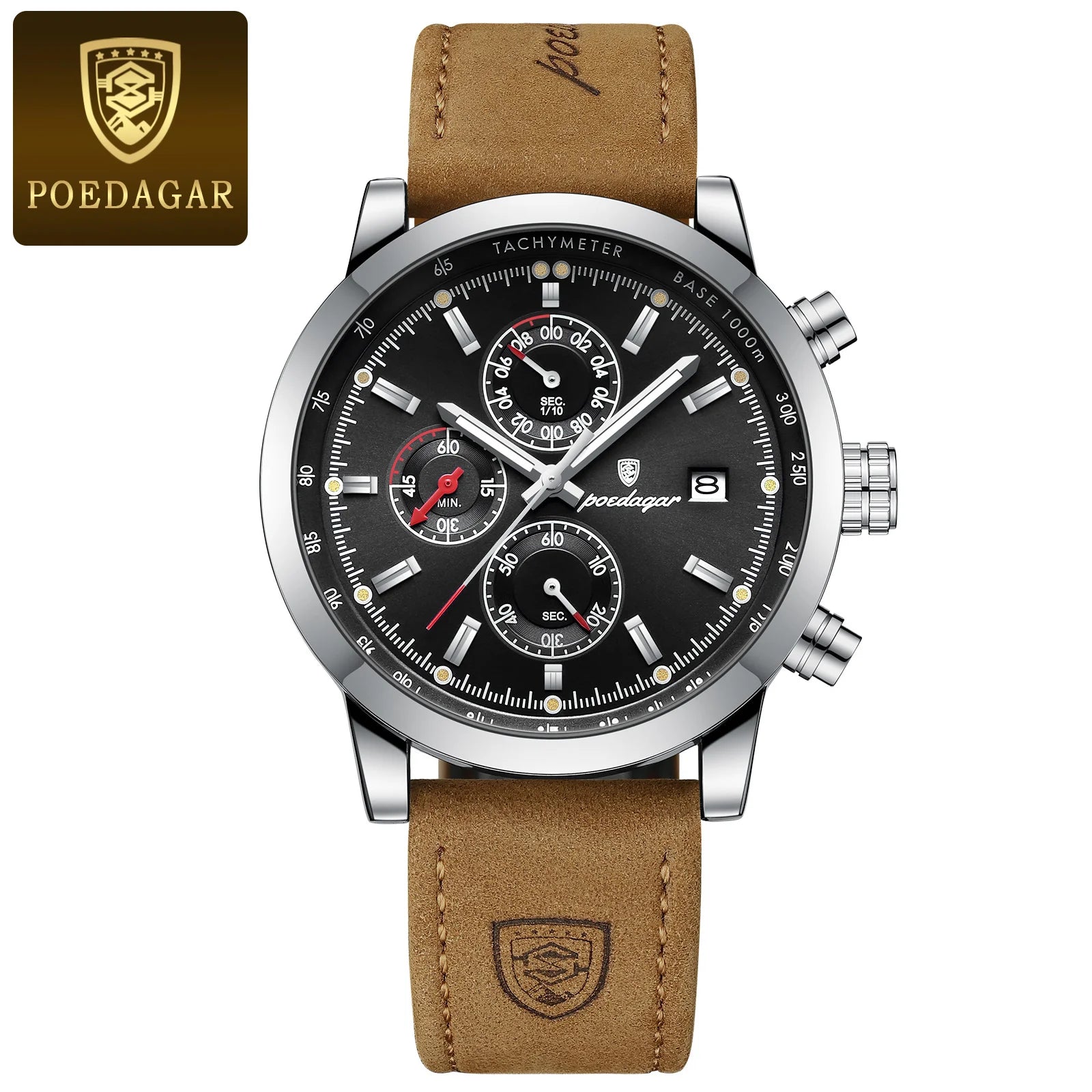 Poedagar luxury waterproof wristwatch with leather strap, luminous, chronograph and date