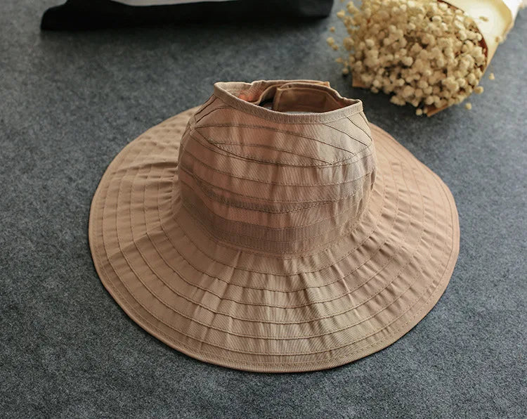 Women Sun Hat Ponytail Straw Wide Brim Visor Summer Cap Adjustable Sun Beach Foldable Hats