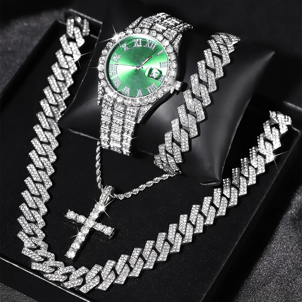 4pcs/set luxury hip hop set with watch, bracelet and two chains