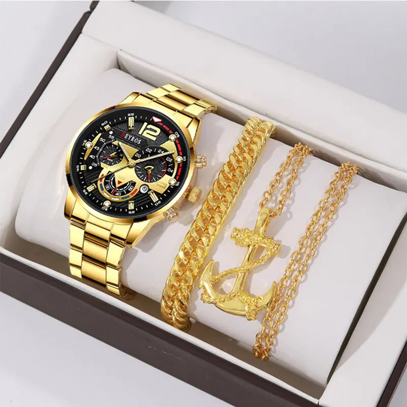 Kit 3 pcs luxury business men's quartz watch, 18k gold necklace and bracelet.