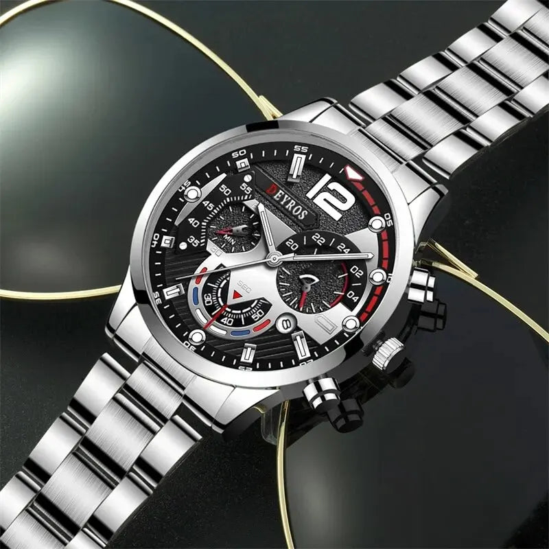 2Pcs Luxury Men's Silver Quartz Watch with Stainless Steel Bracelet