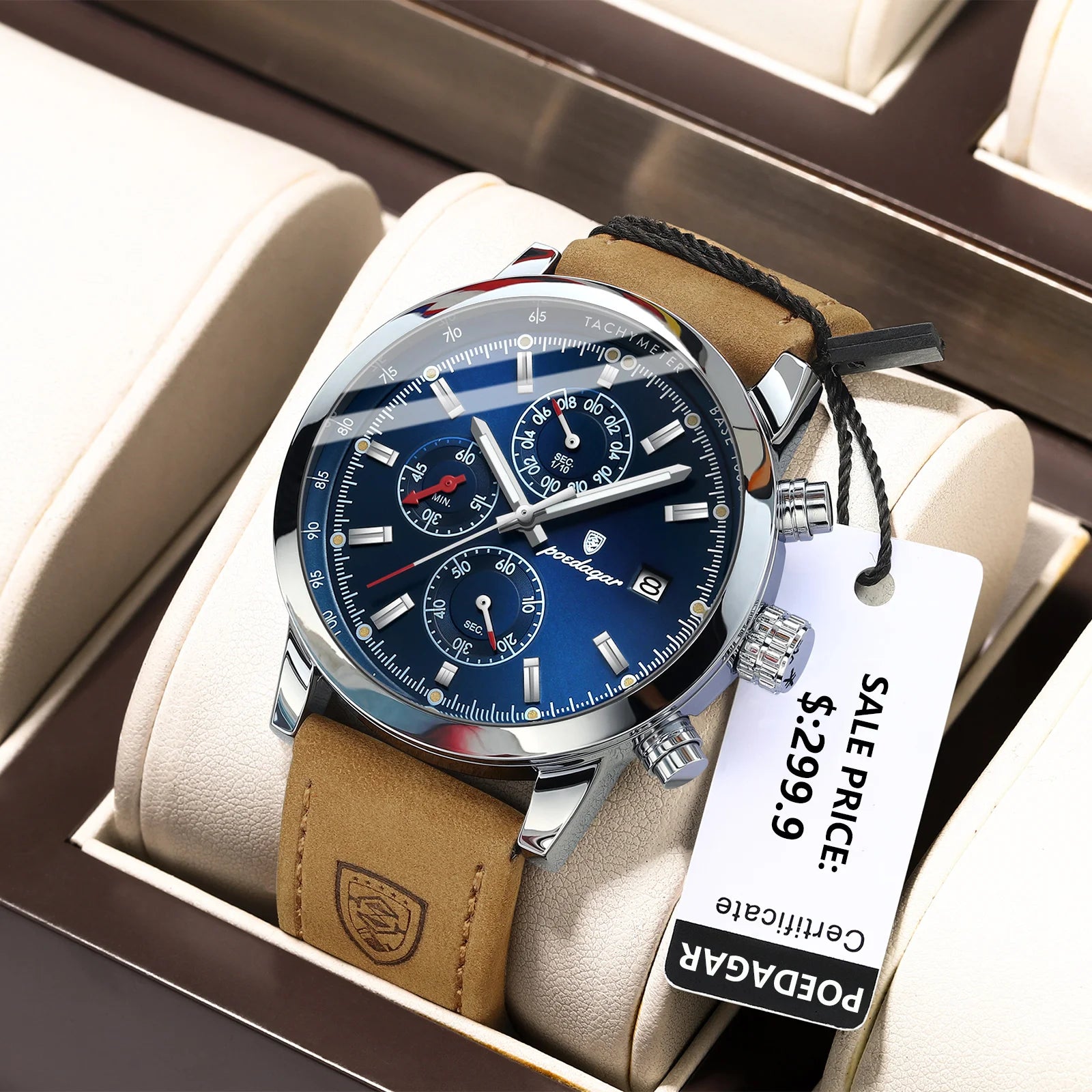 Poedagar luxury waterproof wristwatch with leather strap, luminous, chronograph and date