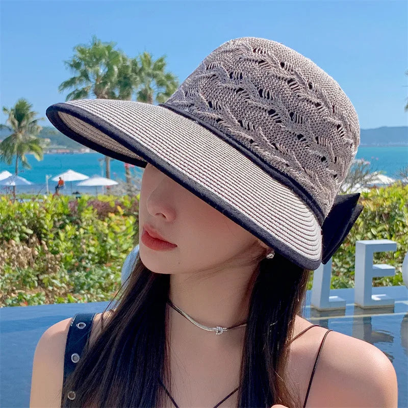 Women Sun Hat Ponytail Straw Wide Brim Visor Summer Cap Adjustable Sun Beach Foldable Hats