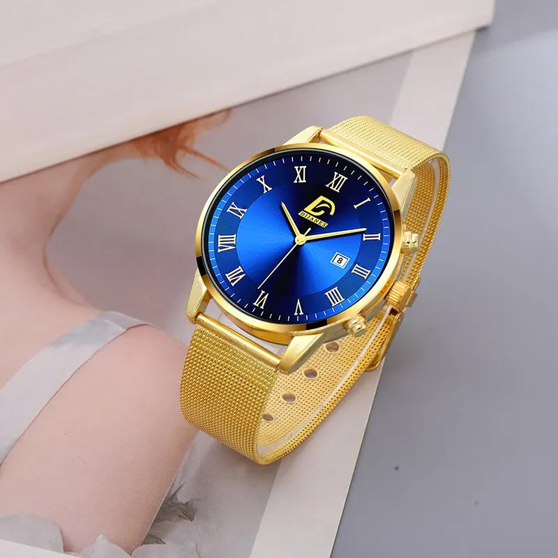 2 pcs kit with luxury watch with 18k gold plated chain