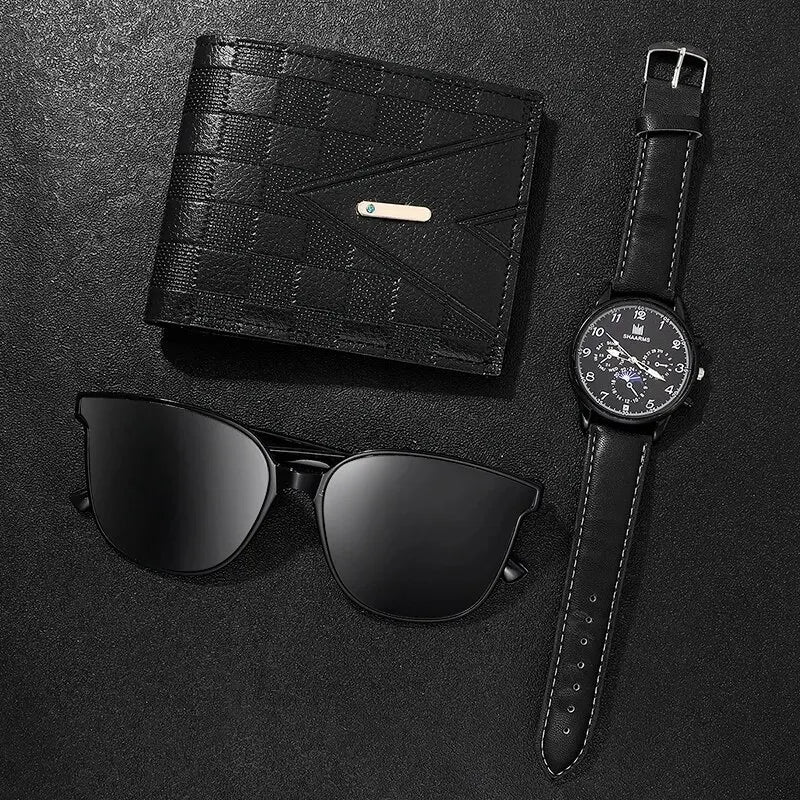 Luxury men's accessory set, with quartz watch, wallet and sunglasses.